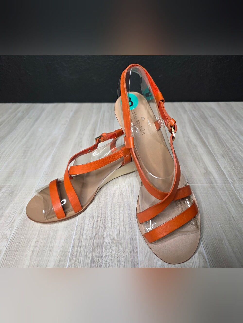kate spade Orange Leather Strappy Wood Wedge Sandals Sz 8